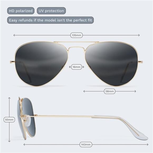 Aviator Sunglasses Men Women Polarized Metal Mirror UV400 Sun Glasses Gold Black - Picture 2 of 7